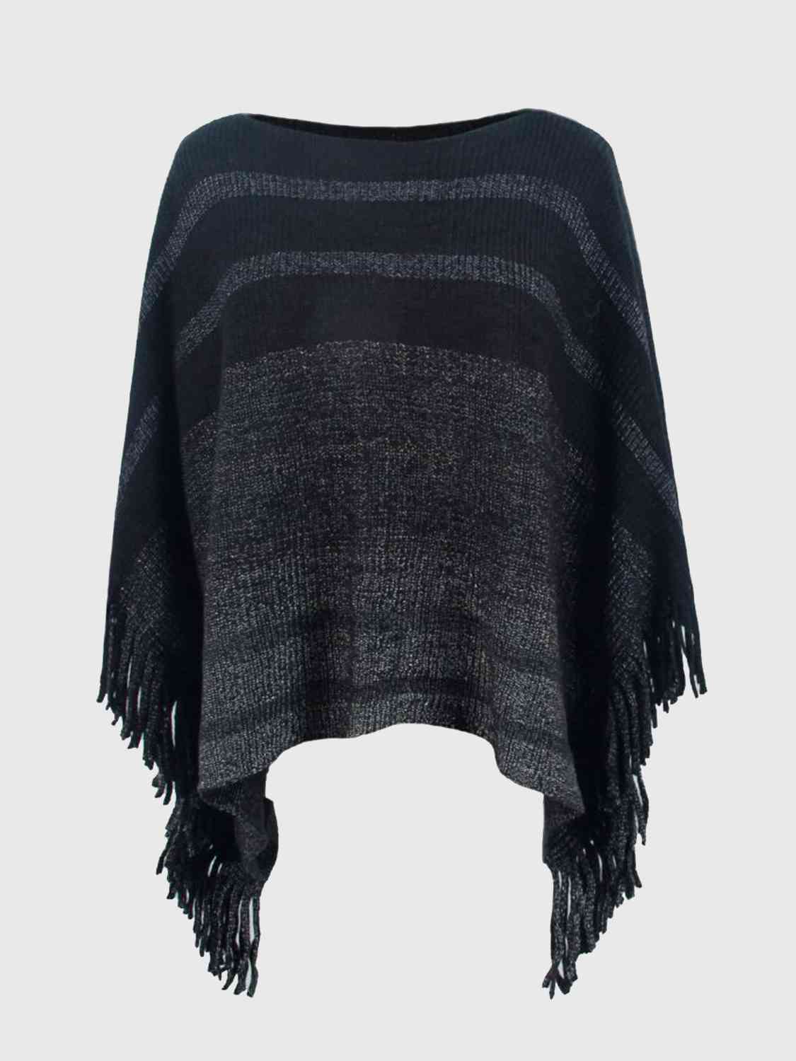 Striped Boat Neck Poncho with Fringes - TRENDMELO