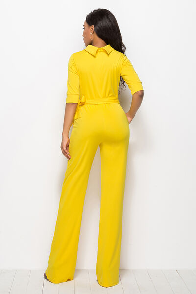 Mock Neck Tie-Waist Half Sleeve Jumpsuit - TRENDMELO