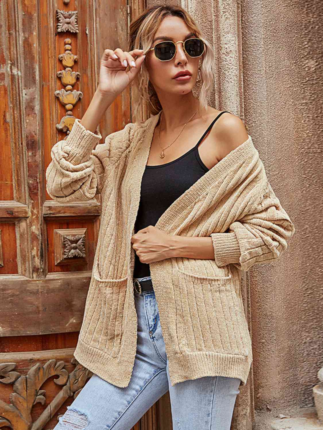 Ribbed Open Front Long Sleeve Cardigan - TRENDMELO