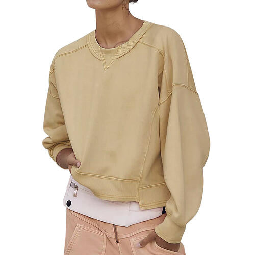 Round Neck Drop Shoulder Long Sleeve Sweatshirt - TRENDMELO