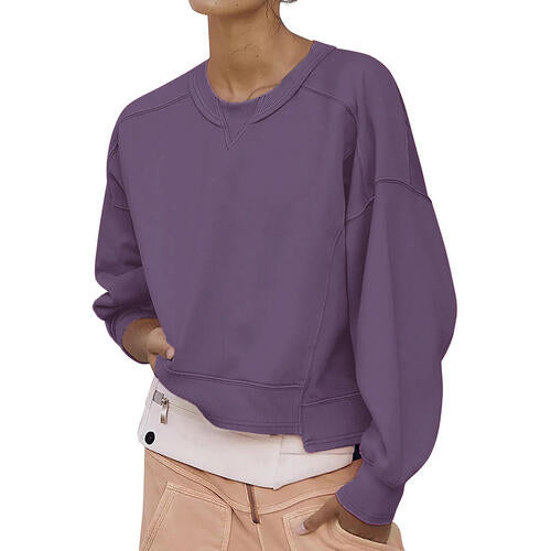 Round Neck Drop Shoulder Long Sleeve Sweatshirt - TRENDMELO