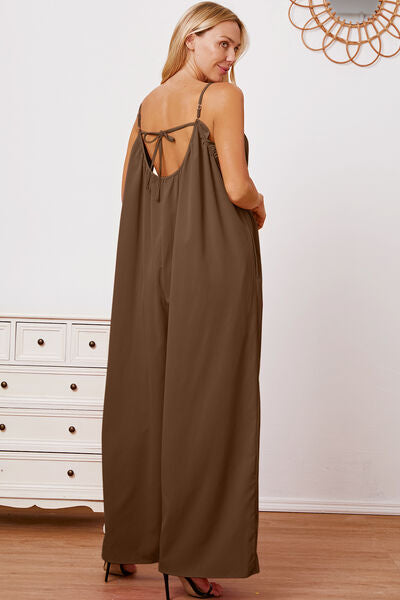 Full Size Ruffle Trim Tie Back Cami Jumpsuit with Pockets - TRENDMELO