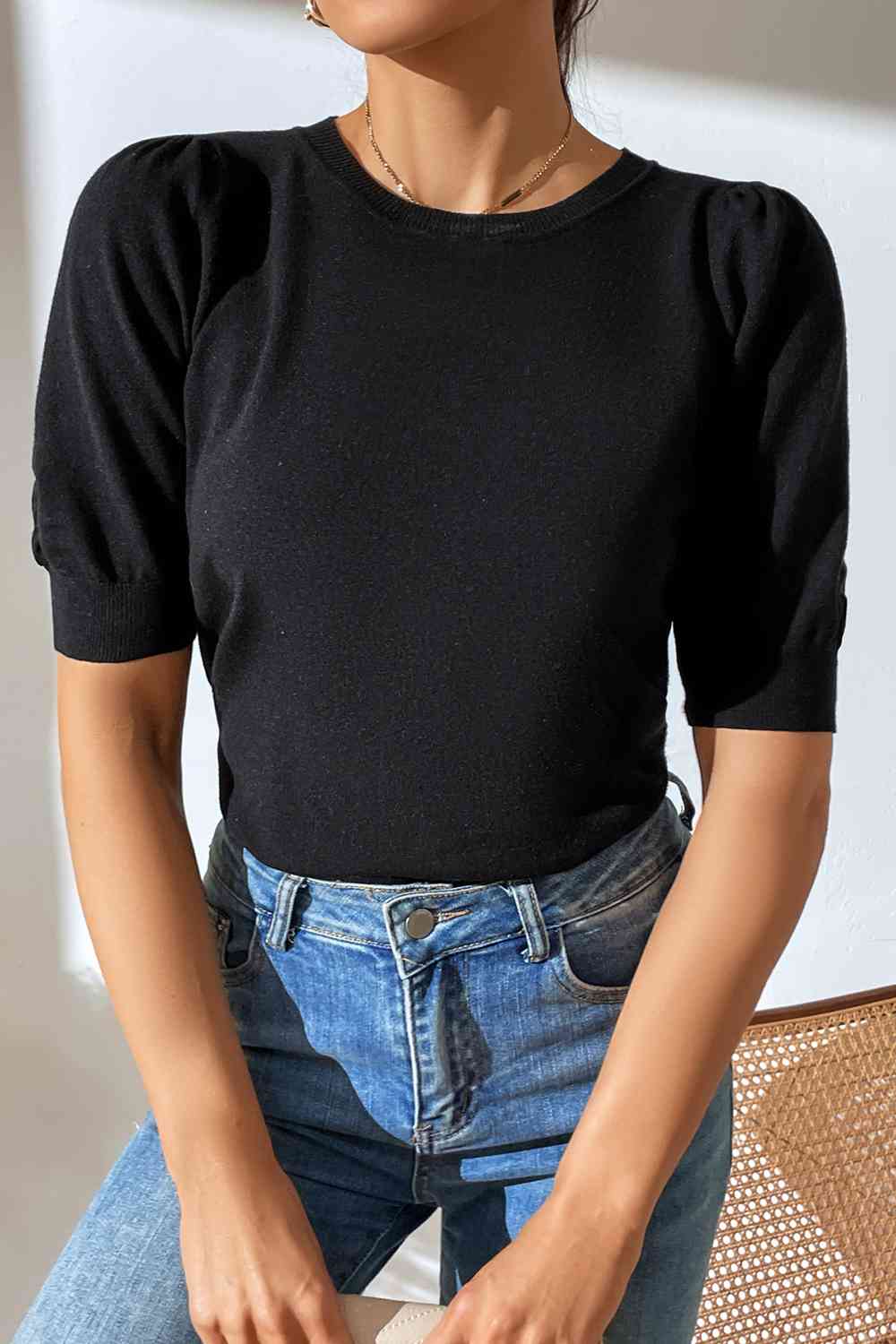 Round Neck Puff Sleeve Knit Top - TRENDMELO