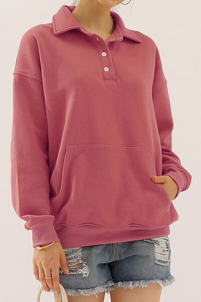 Ninexis Full Size Quarter-Button Collared Sweatshirt - TRENDMELO