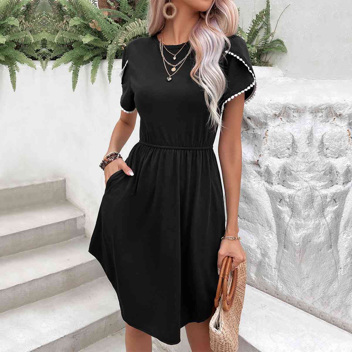 Round Neck Petal Sleeve Dress with Pockets - TRENDMELO