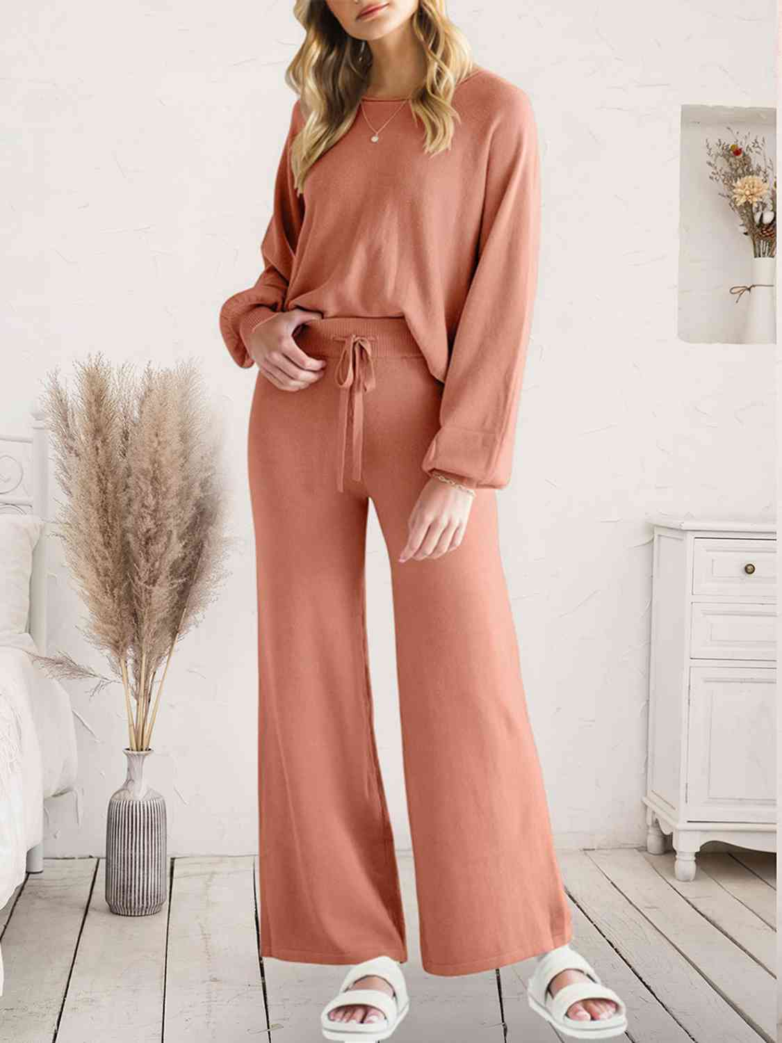 Long Sleeve Lounge Top and Drawstring Pants Set - TRENDMELO