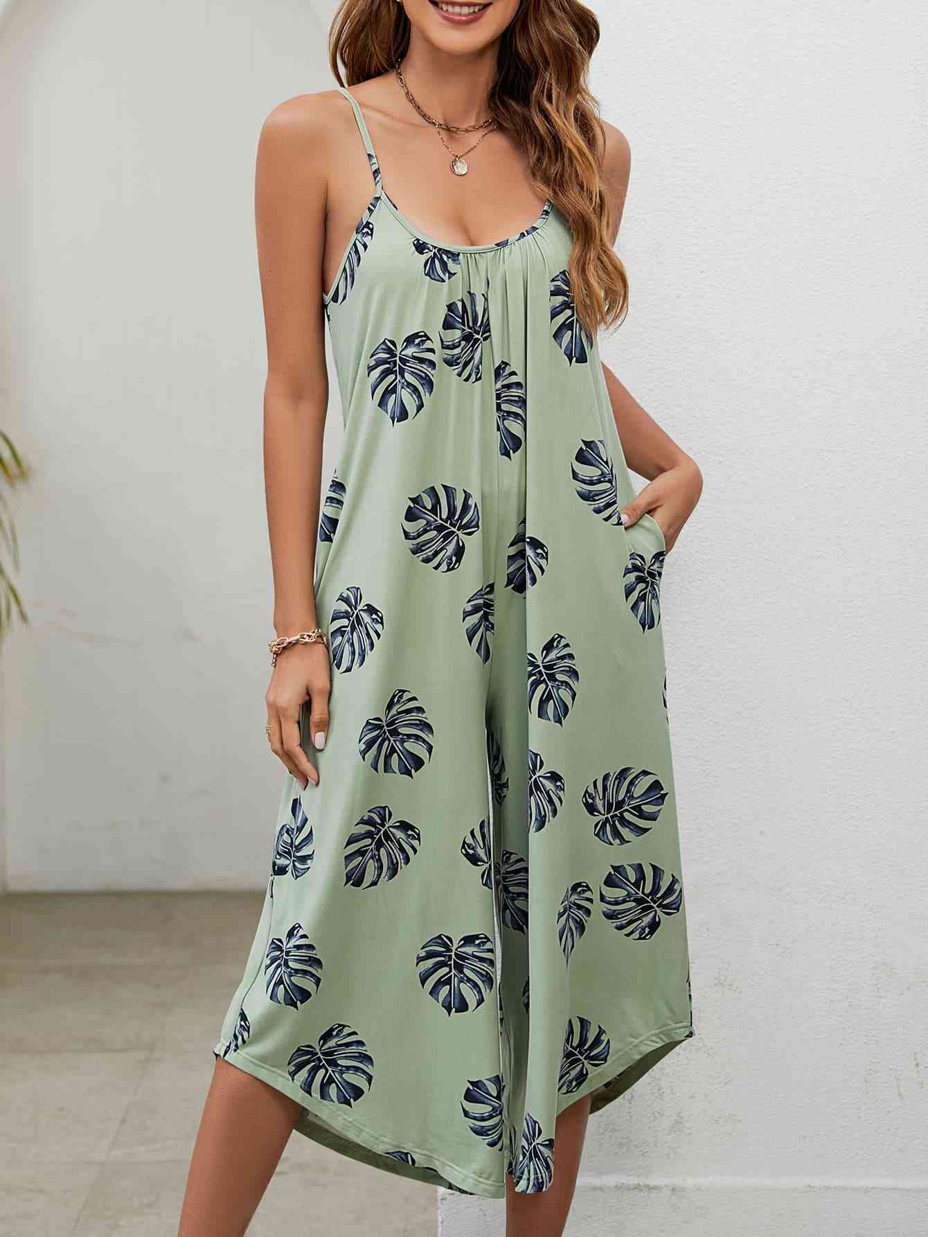 Botanical Print Spaghetti Strap Scoop Neck Jumpsuit - TRENDMELO