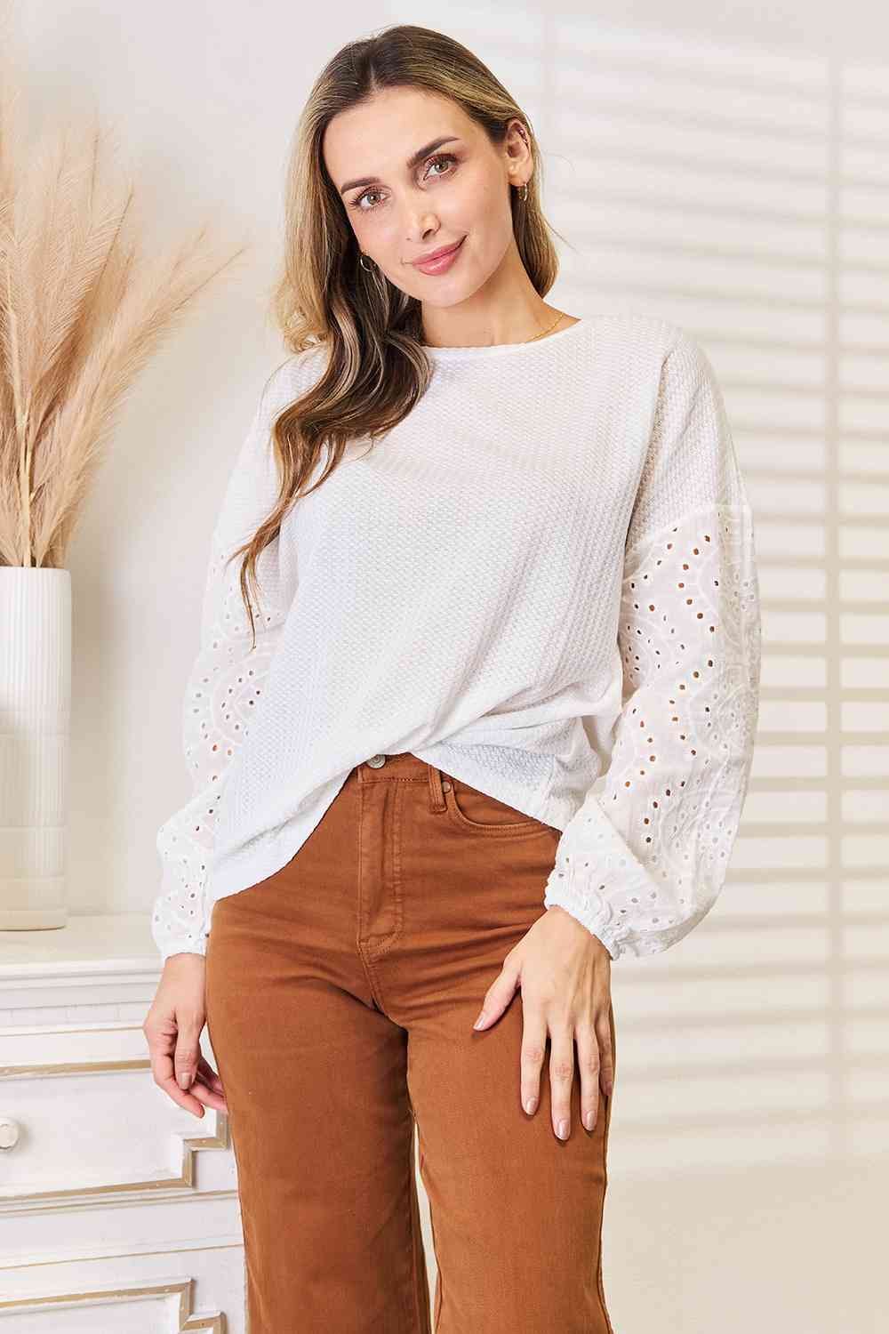 Double Take Eyelet Dropped Shoulder Round Neck Blouse - TRENDMELO