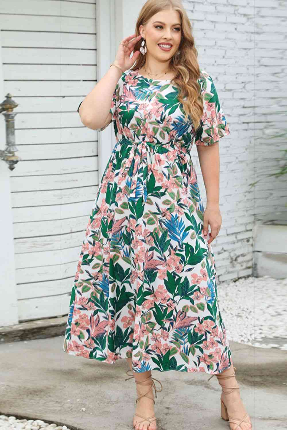 Plus Size Floral Short Sleeve Round Neck Dress - TRENDMELO