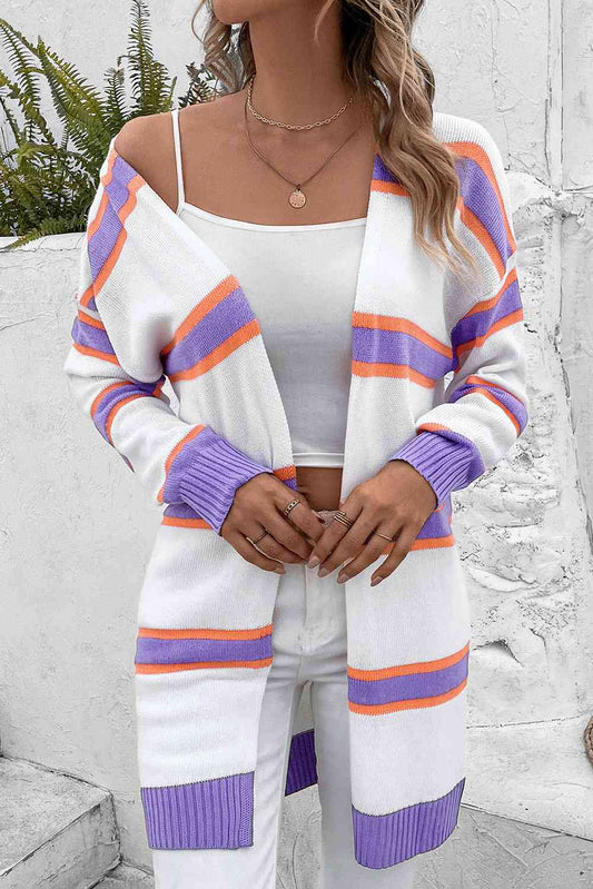 Striped Dropped Shoulder Cardigan - TRENDMELO