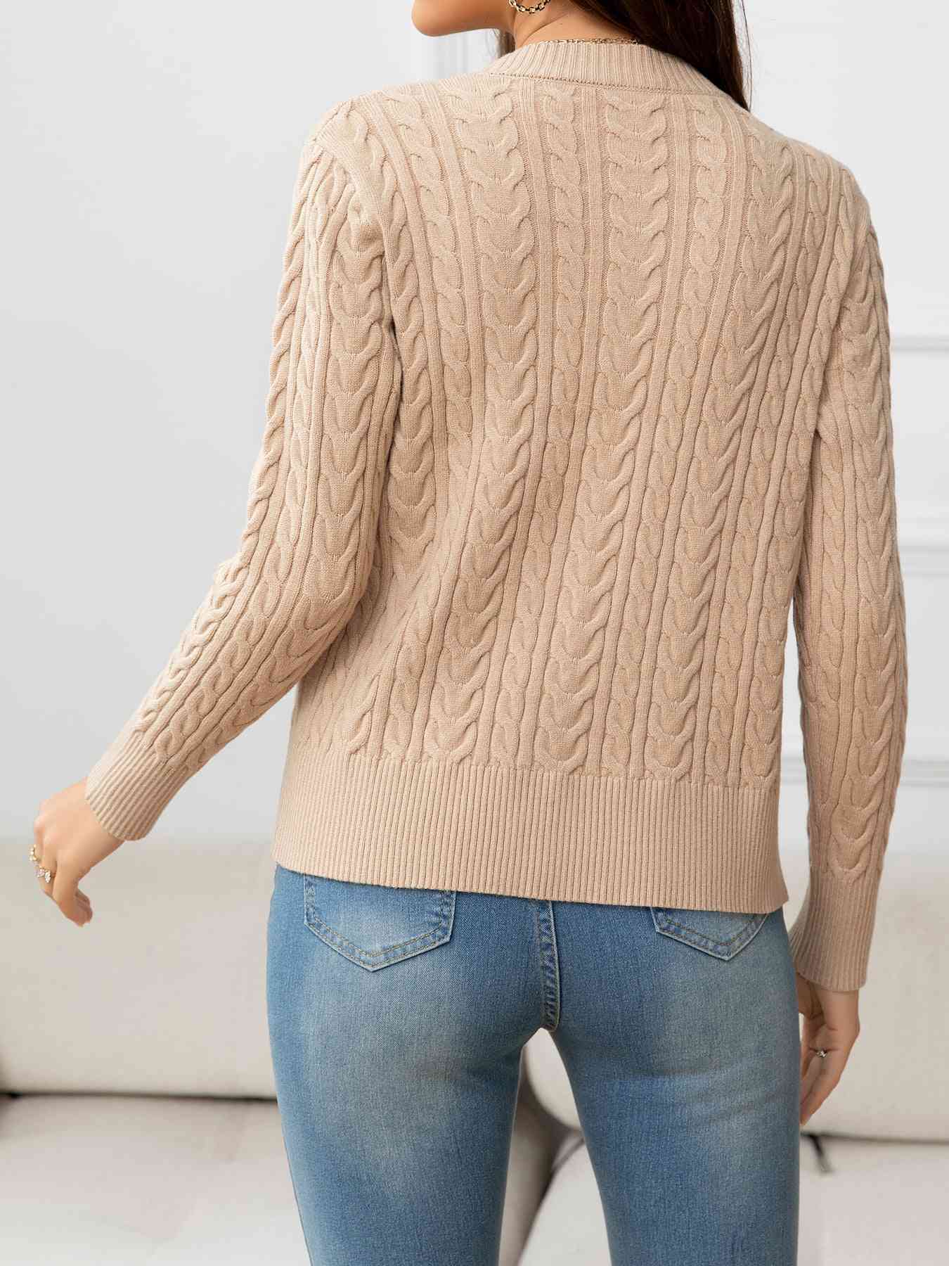 V-Neck Long Sleeve Cable-Knit Buttoned Knit Top - TRENDMELO