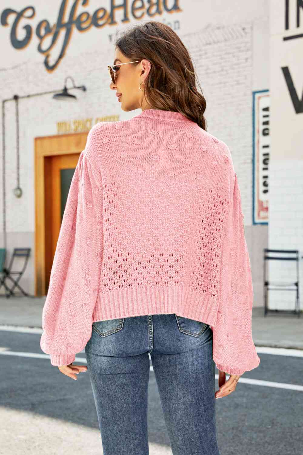 Woven Right Openwork Pompom Puff Sleeve Cardigan - TRENDMELO