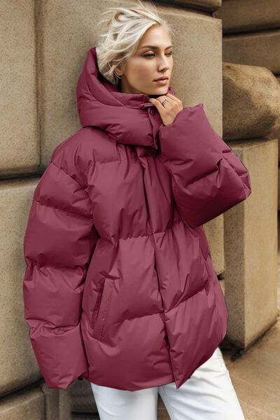 Pocketed Zip Up Hooded Puffer Jacket - TRENDMELO