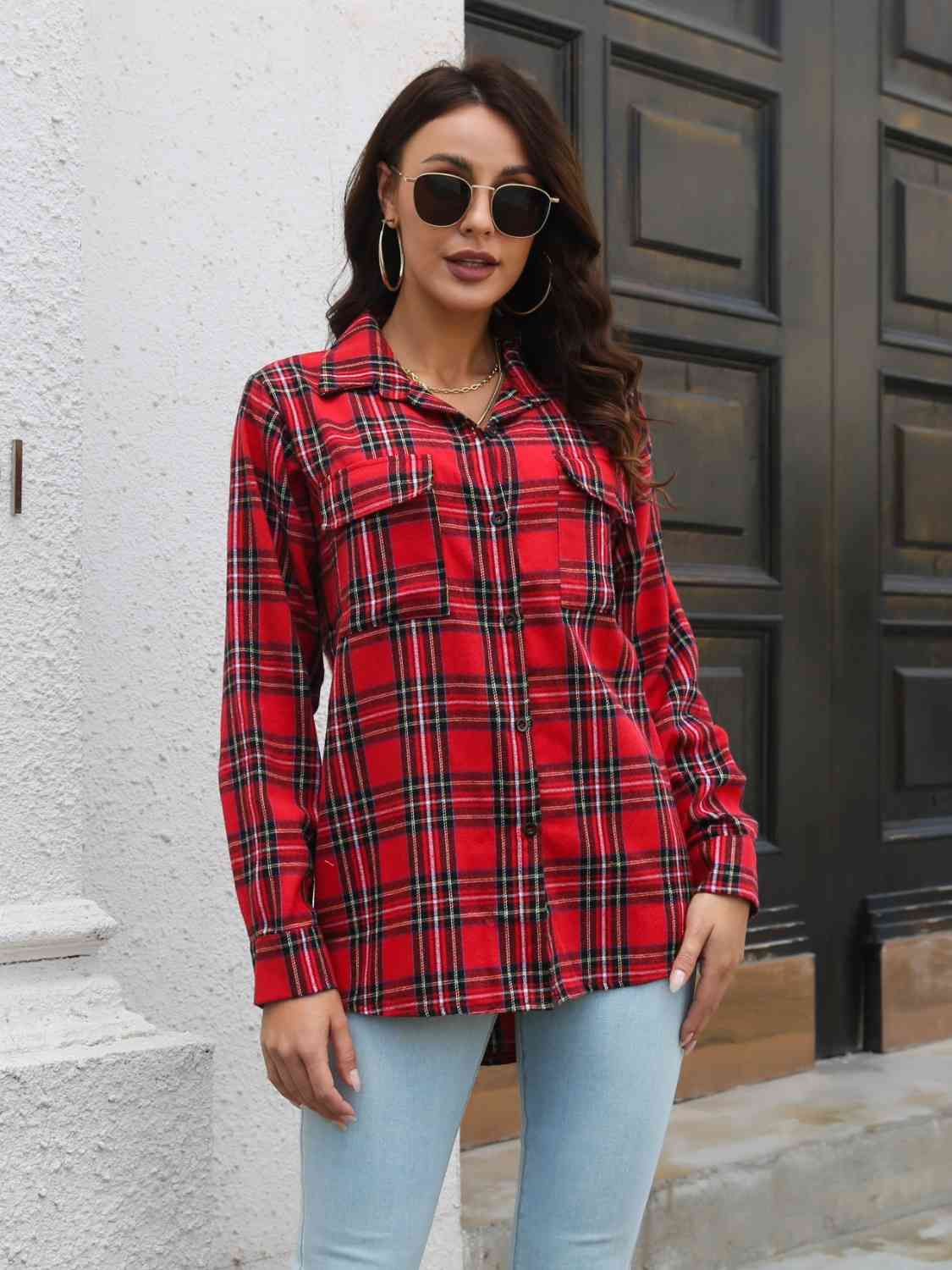 Plaid Collared Neck Buttoned Shirt with Pockets - TRENDMELO