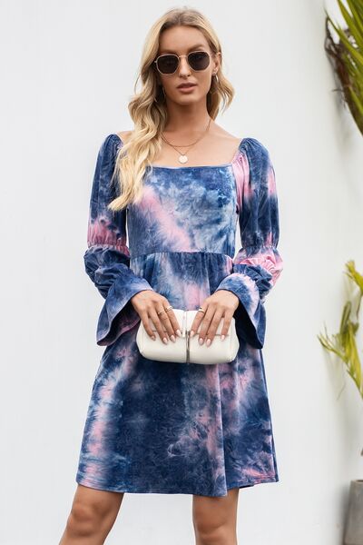 Tie-Dye Square Neck Flounce Sleeve Dress - TRENDMELO