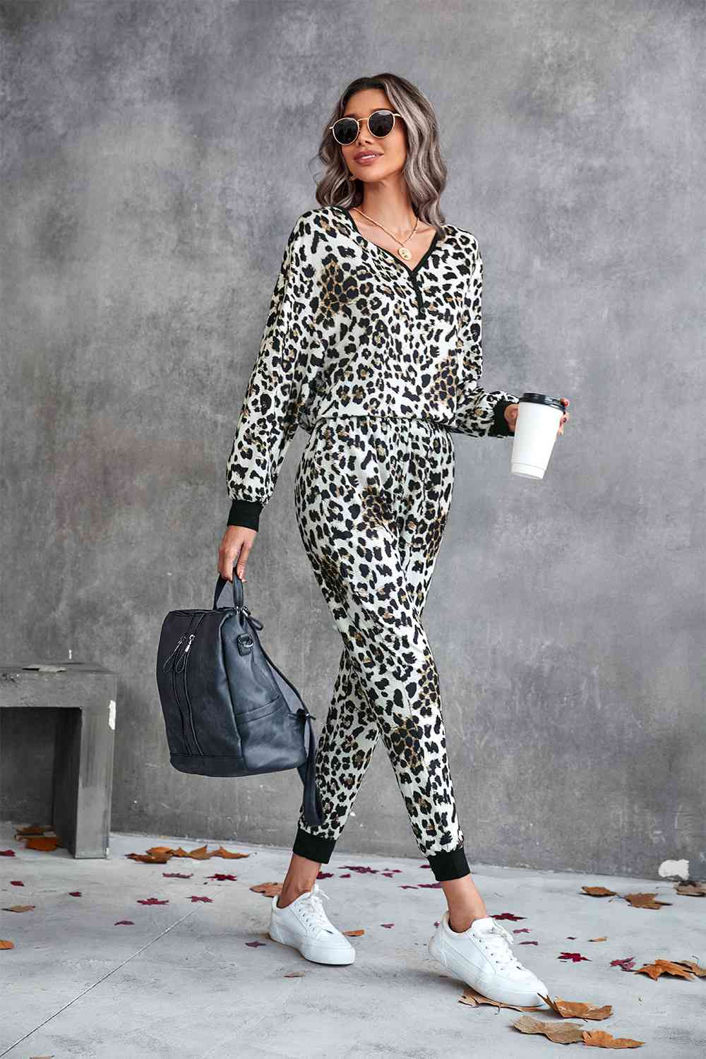 Leopard V-Neck Dropped Shoulder Loungewear Set - TRENDMELO