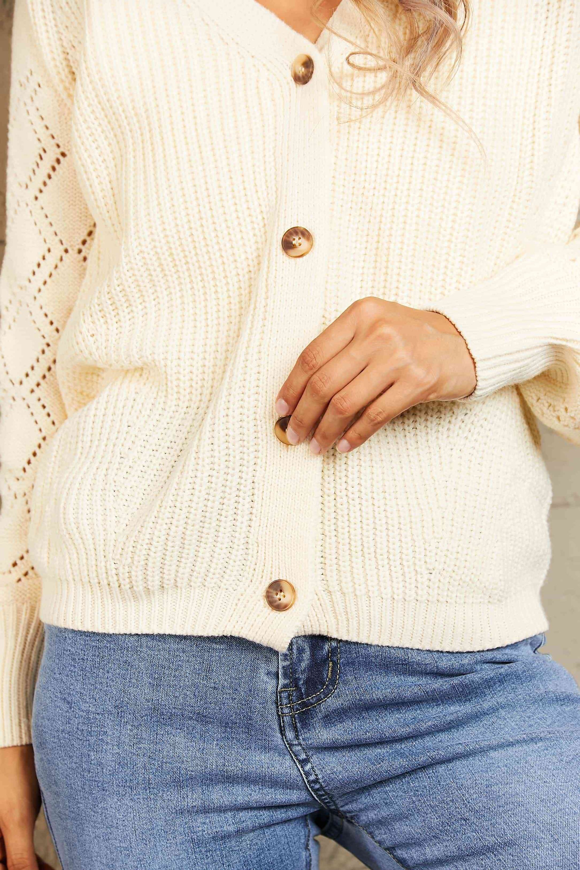 Woven Right Button Front Ribbed Lantern Sleeve Cardigan - TRENDMELO