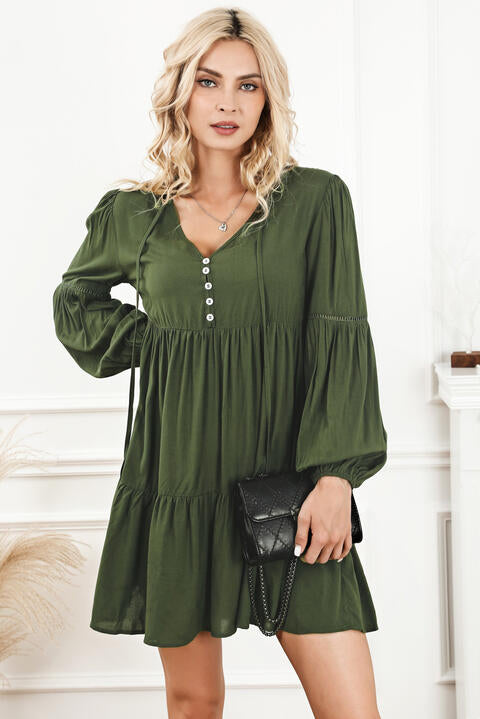 Tie Neck Long Sleeve Tiered Dress - TRENDMELO