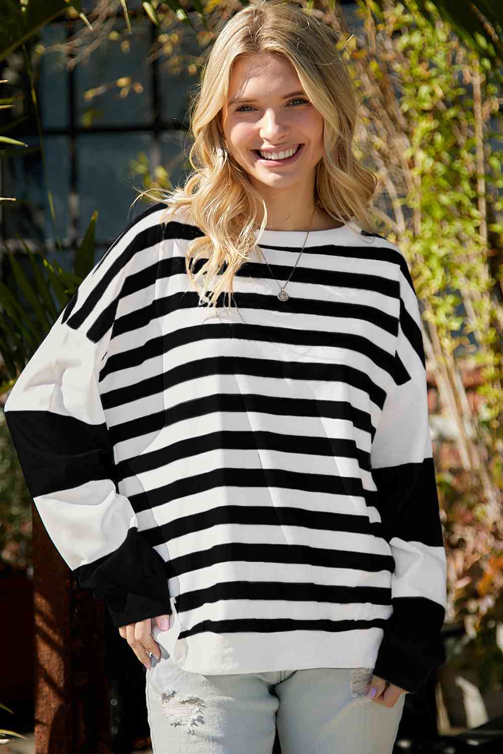 Striped Dropped Shoulder Sweatshirt - TRENDMELO