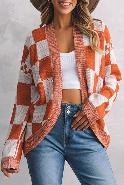 Plaid Open Front Dropped Shoulder Cardigan - TRENDMELO