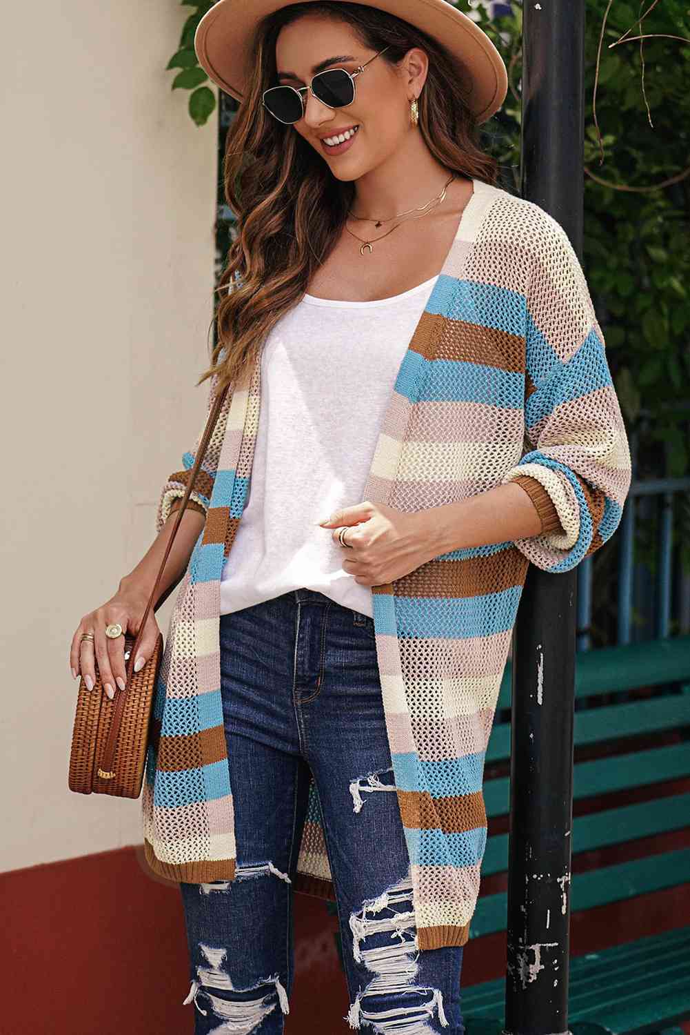 Full Size Striped Long Sleeve Openwork Cardigan - TRENDMELO