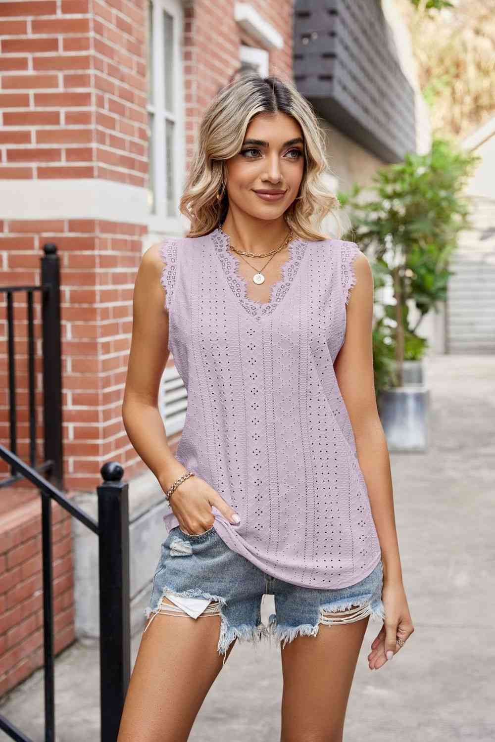 Eyelet Lace Trim Eyelash V-Neck Tank - TRENDMELO