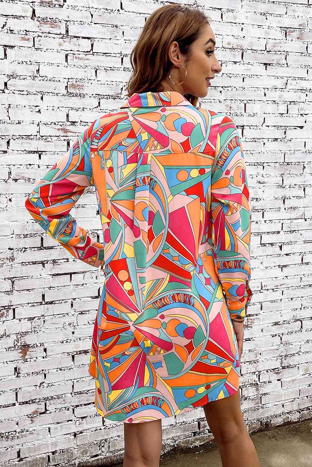 Multicolored Long Sleeve Shirt Dress - TRENDMELO