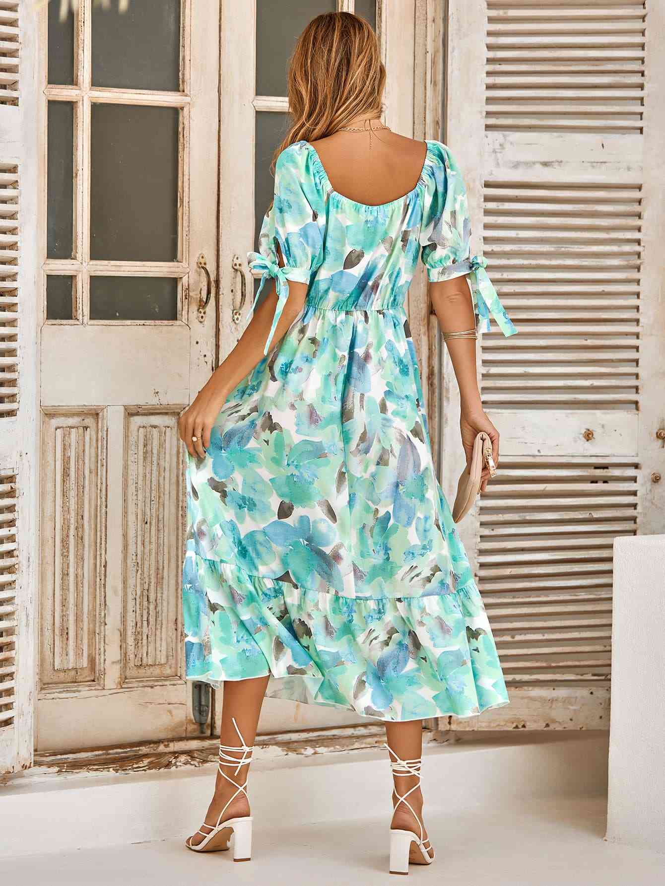 Floral Tie Cuff Surplice Neck Dress - TRENDMELO