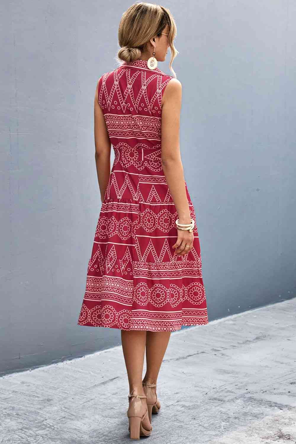 Printed Button Front Tie-Waist Sleeveless Collared Dress - TRENDMELO