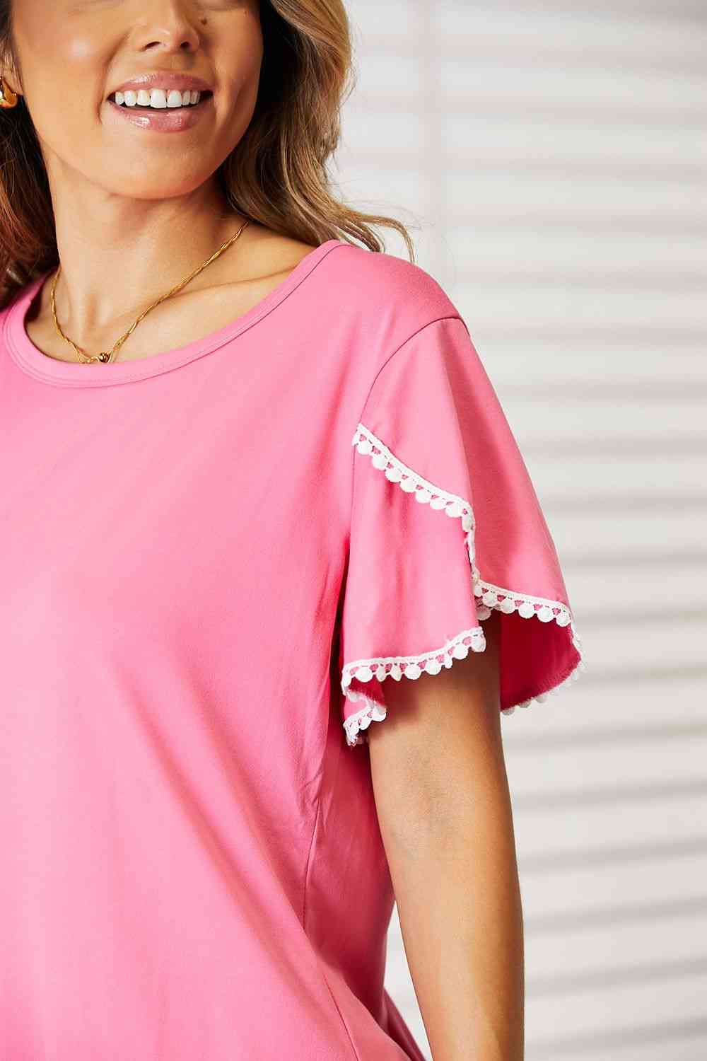 Double Take Pom-Pom Trim Flutter Sleeve Round Neck T-Shirt - TRENDMELO