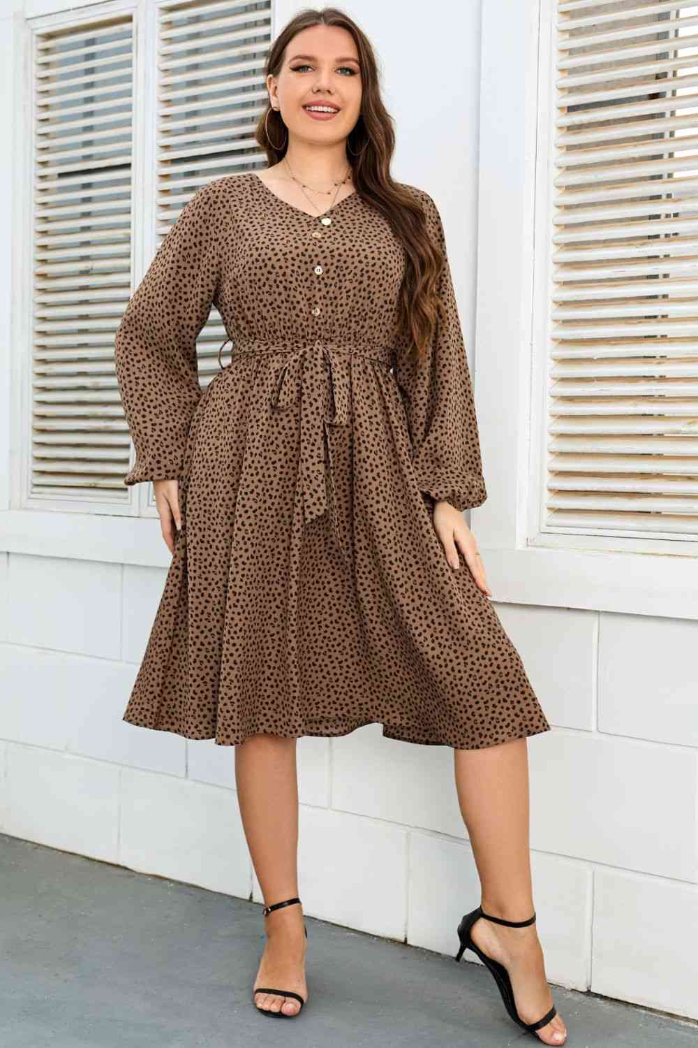 Plus Size Printed V-Neck Balloon Sleeve Tie Waist Dress - TRENDMELO