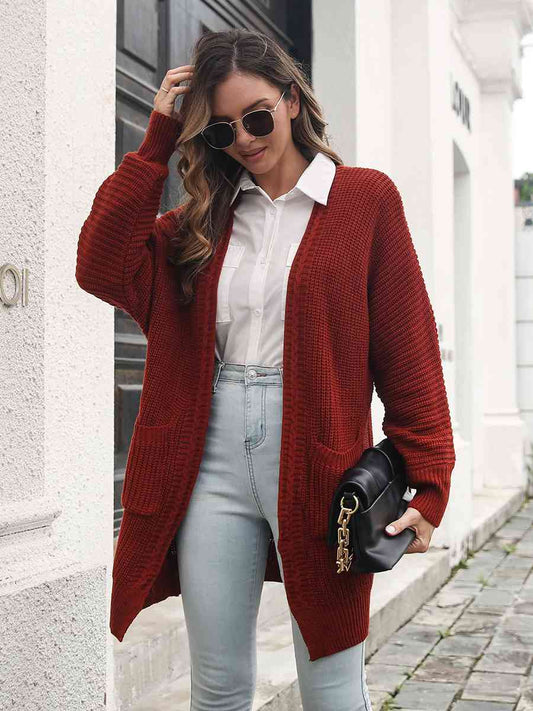 Open Front Rib-Knit Cardigan with Pockets - TRENDMELO