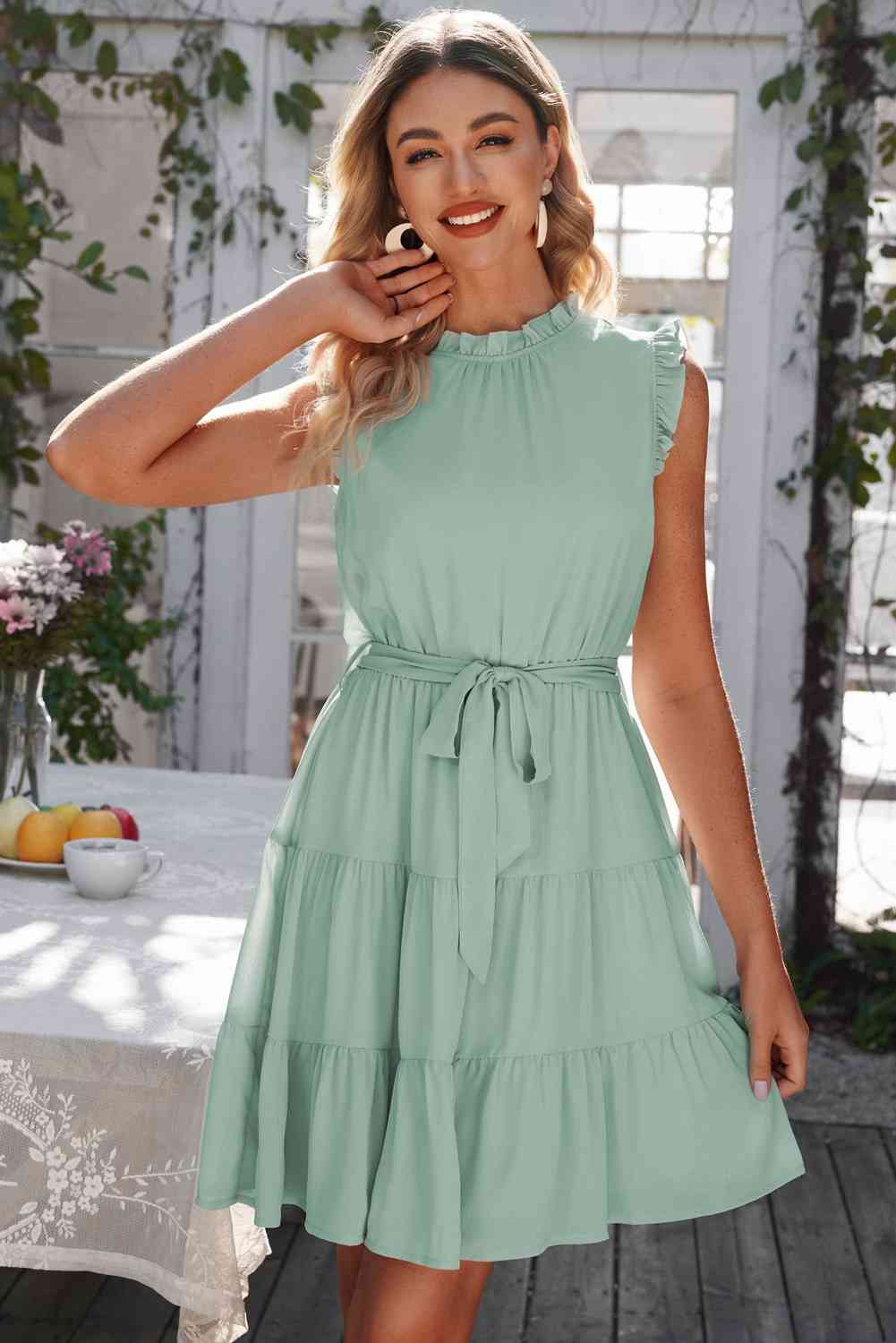 Ruffle Collar Tie Belt Tiered Dress - TRENDMELO