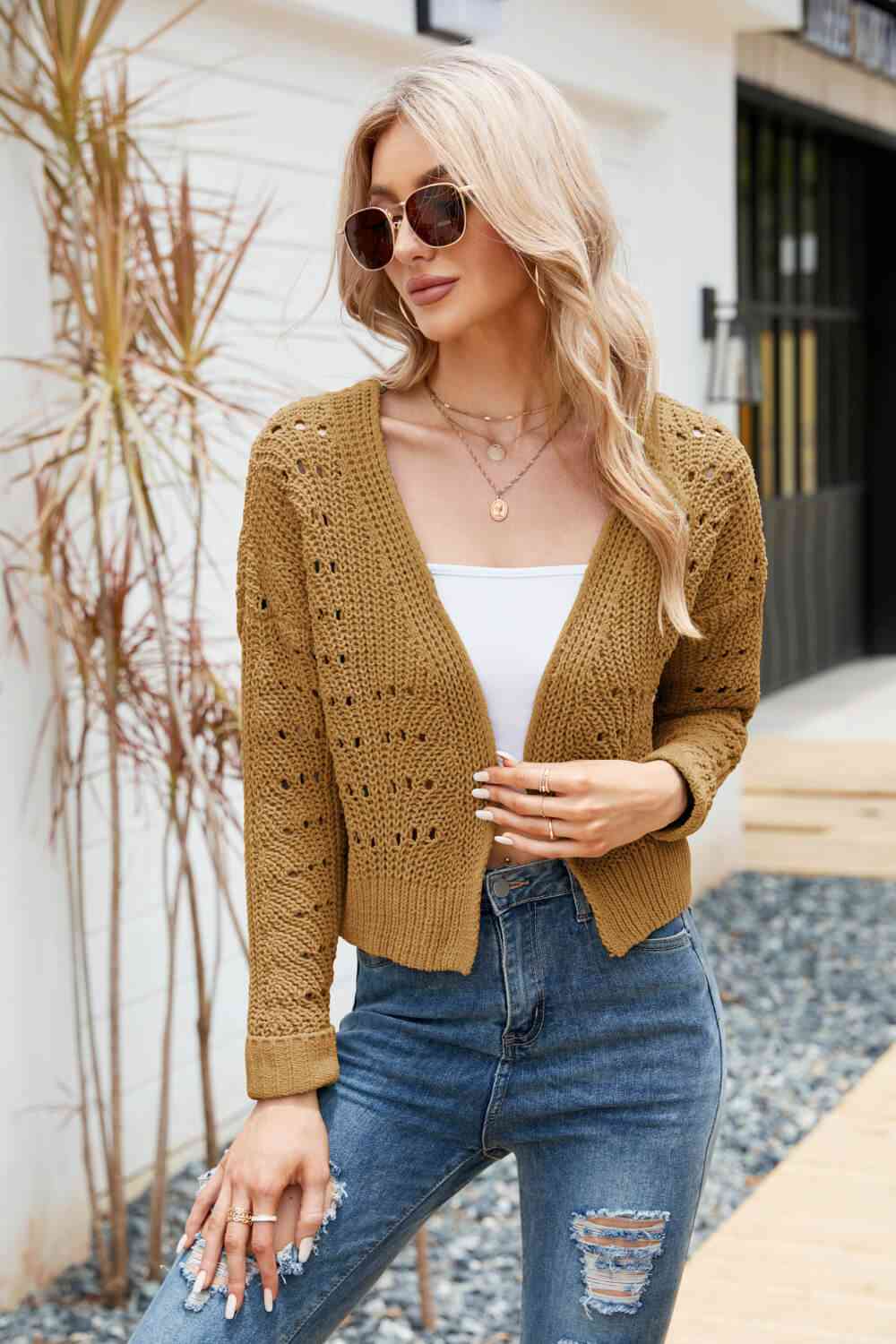 Open Front Cuffed Cropped Cardigan - TRENDMELO