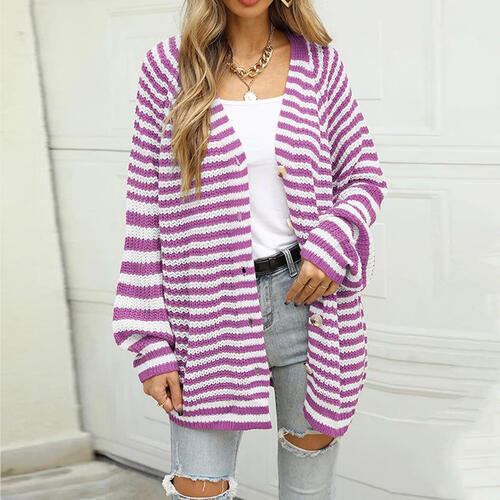 Striped Button Down Long Sleeve Cardigan - TRENDMELO