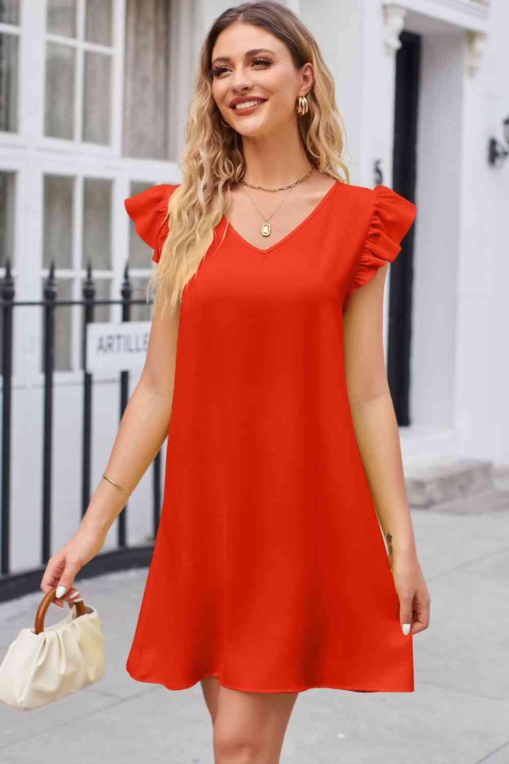 Ruffled V-Neck Flutter Sleeve Dress - TRENDMELO