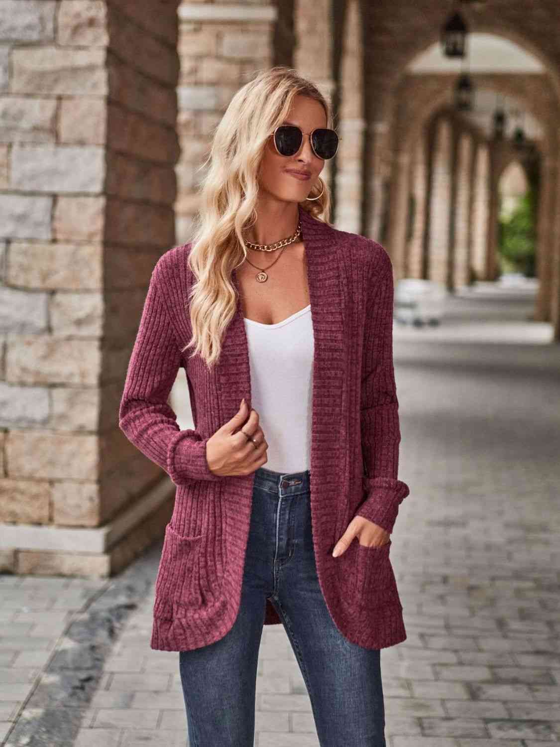 Open Front Cardigan with Pockets - TRENDMELO