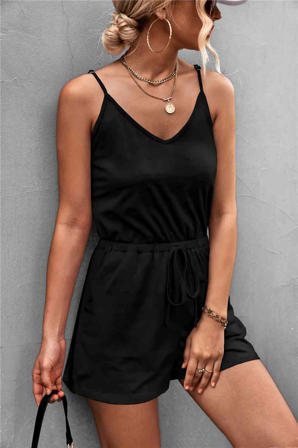 Spaghetti Strap V-Neck Pocket Romper - TRENDMELO