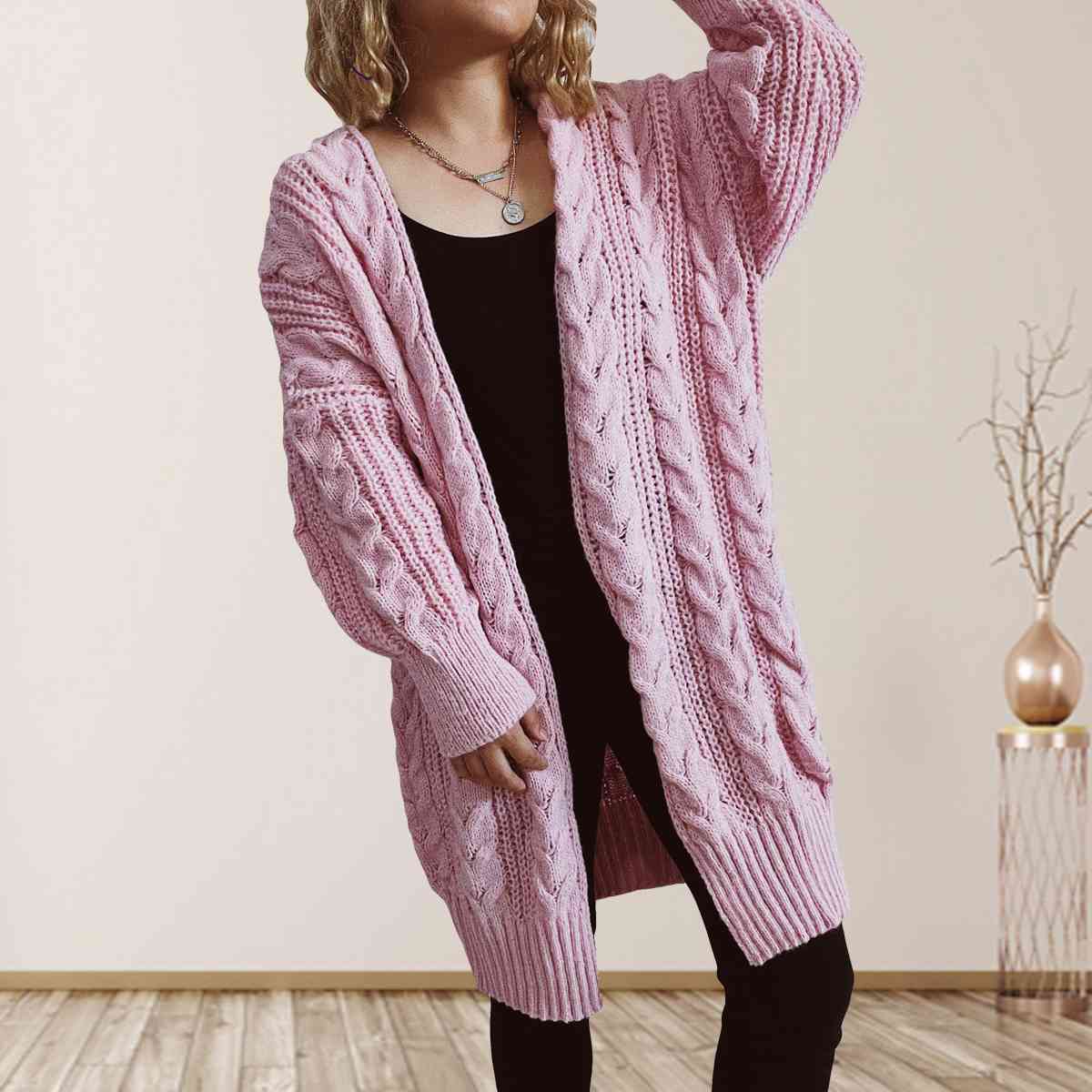 Cable-Knit Open Front Dropped Shoulder Cardigan - TRENDMELO