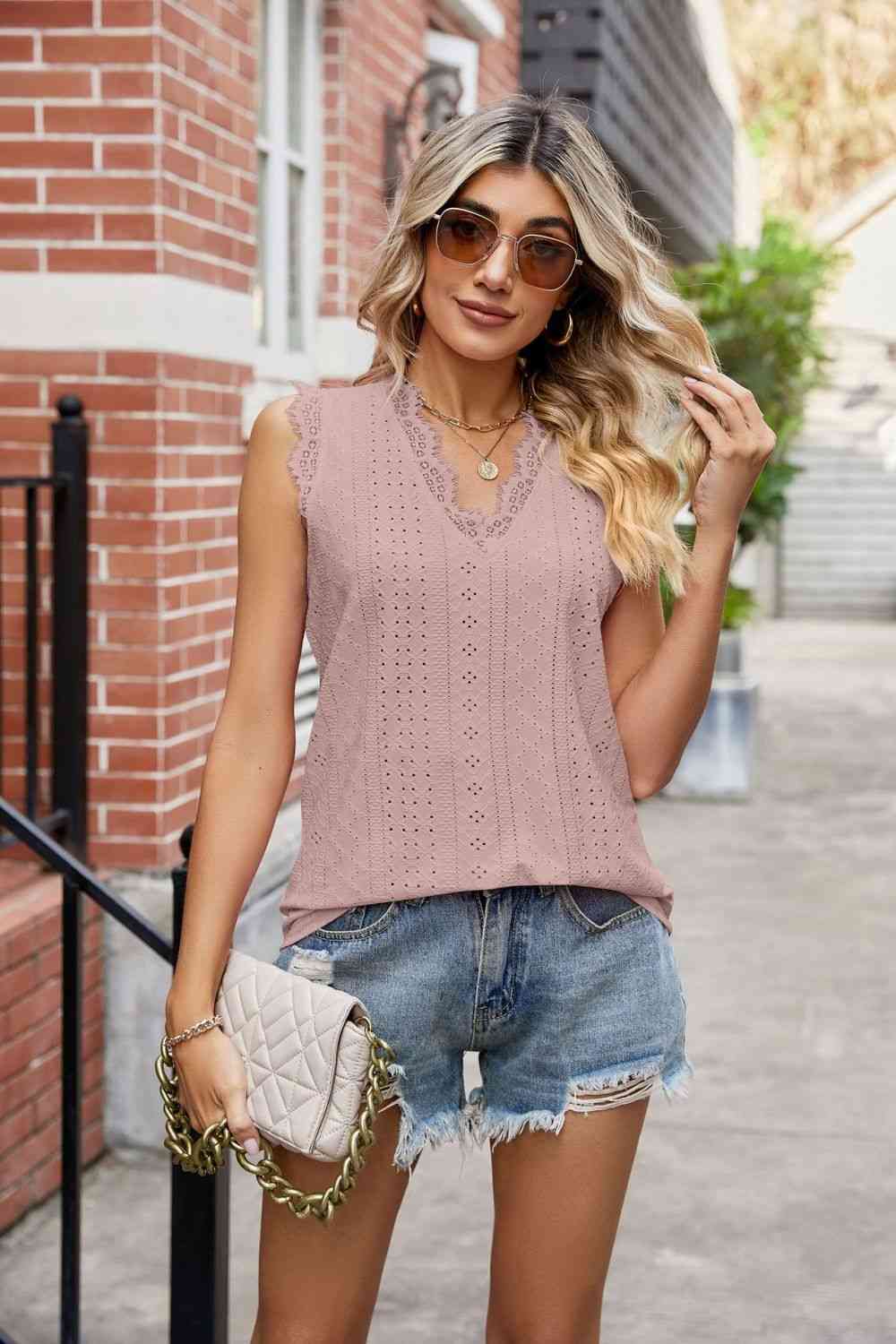 Eyelet Lace Trim Eyelash V-Neck Tank - TRENDMELO