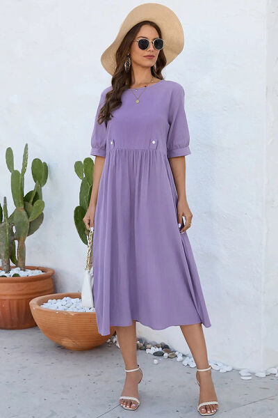 Decorative Button Round Neck Half Sleeve Dress - TRENDMELO