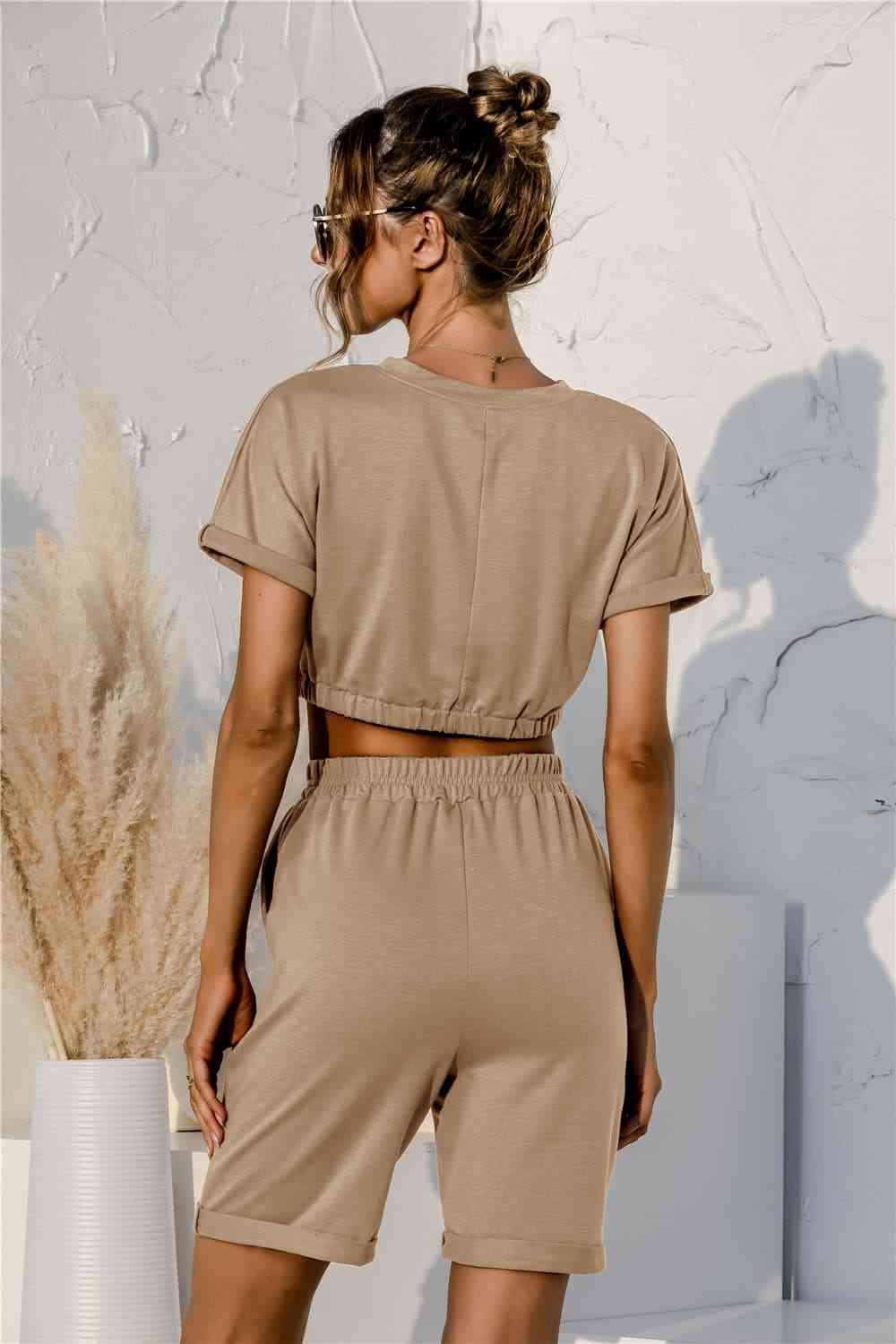 Short Sleeve Cropped Top and Drawstring Shorts Lounge Set - TRENDMELO