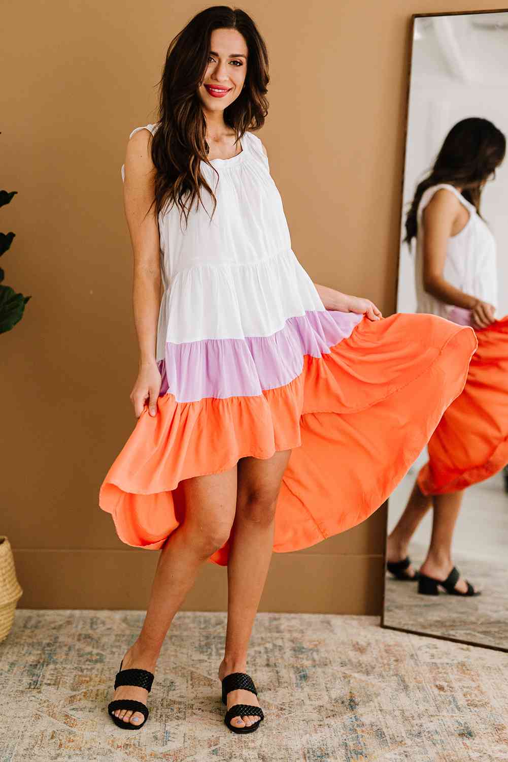 Color Block Ruffle Hem Tiered High-Low Dress - TRENDMELO