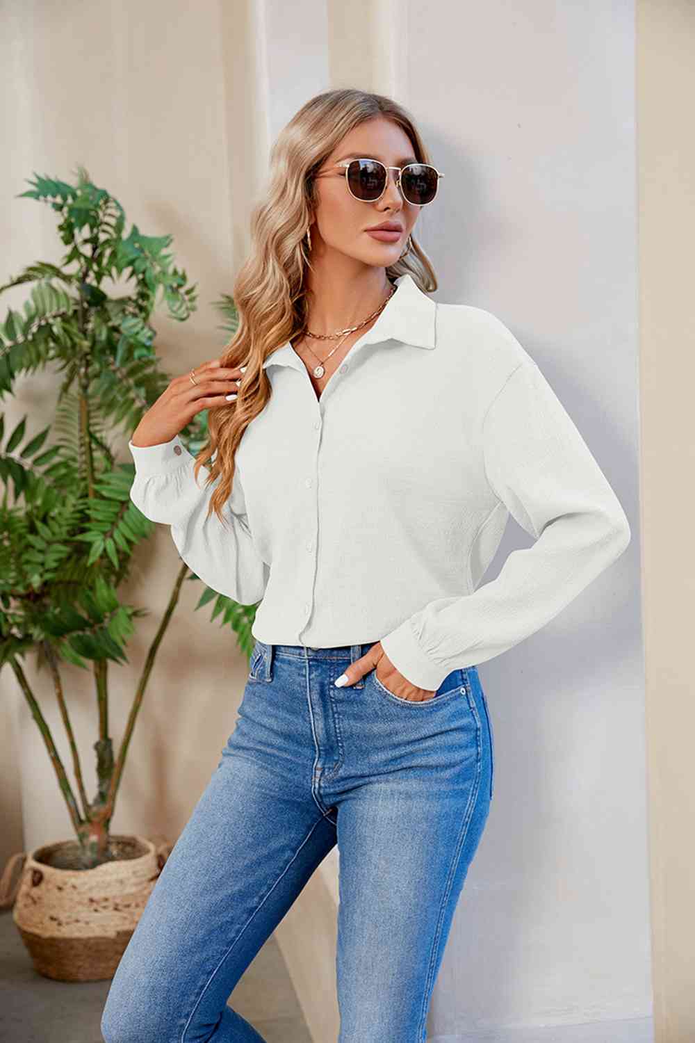 Collared Neck Buttoned Long Sleeve Shirt - TRENDMELO