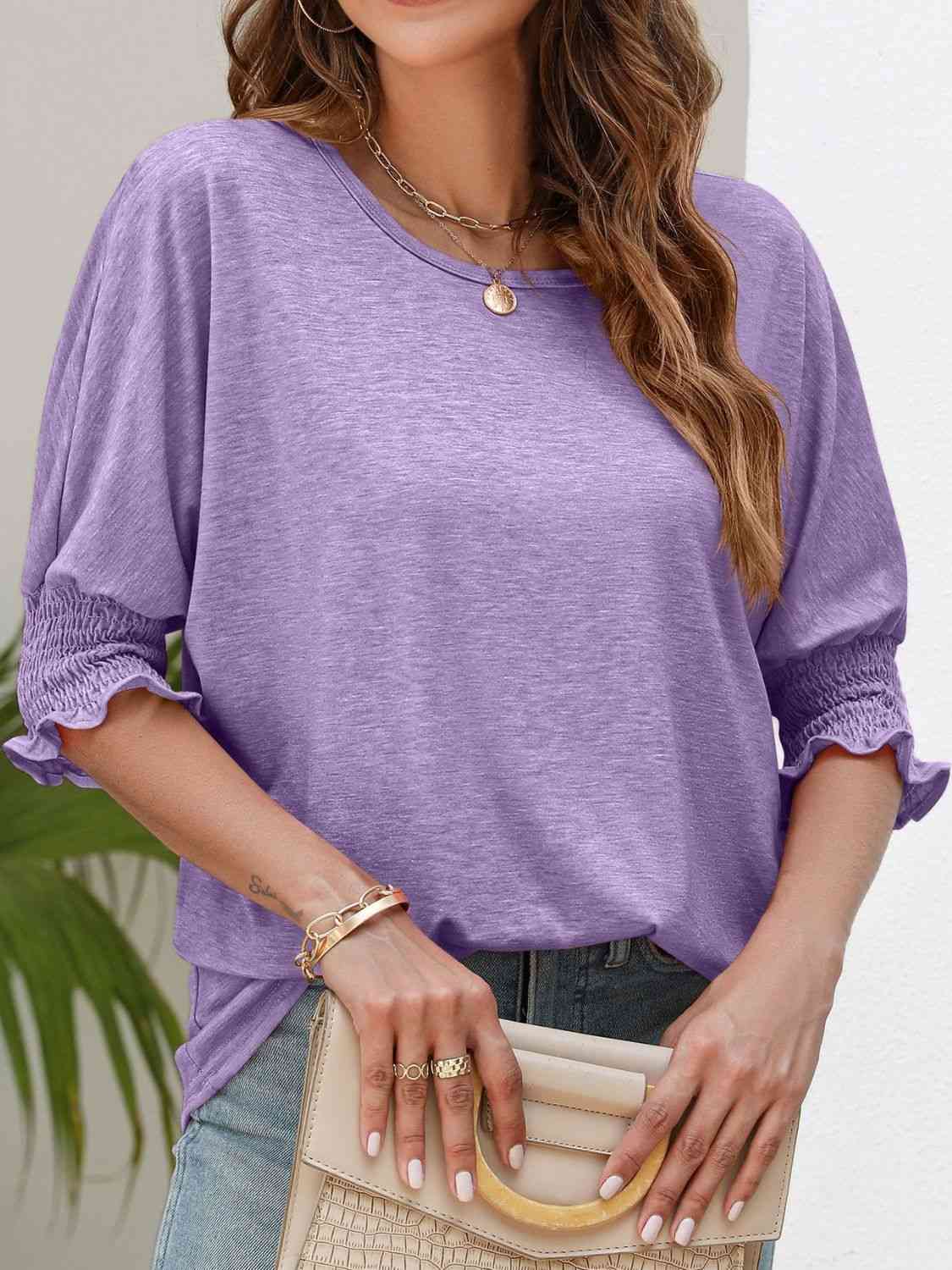 Smocked Flounce Sleeve Round Neck T-Shirt - TRENDMELO