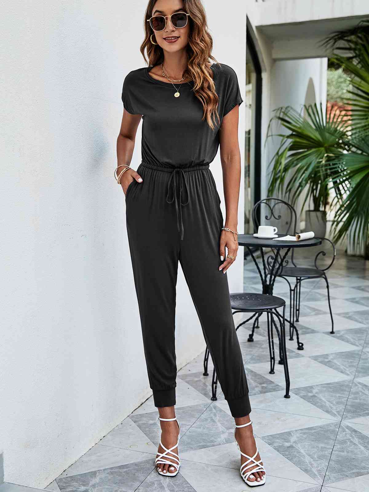 Drawstring Waist Short Sleeve Jogger Jumpsuit - TRENDMELO