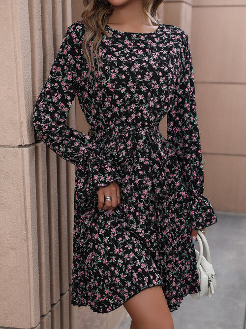 Floral Tie Front Long Sleeve Dress - TRENDMELO