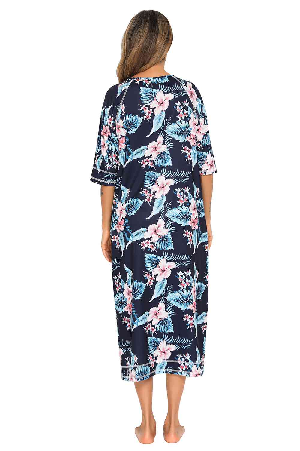 Printed Slit Night Dress with Pockets - TRENDMELO