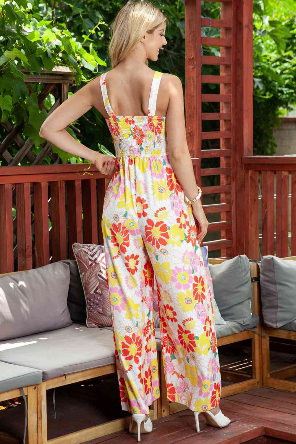 Floral Square Neck Smocked Wide Leg Jumpsuit - TRENDMELO