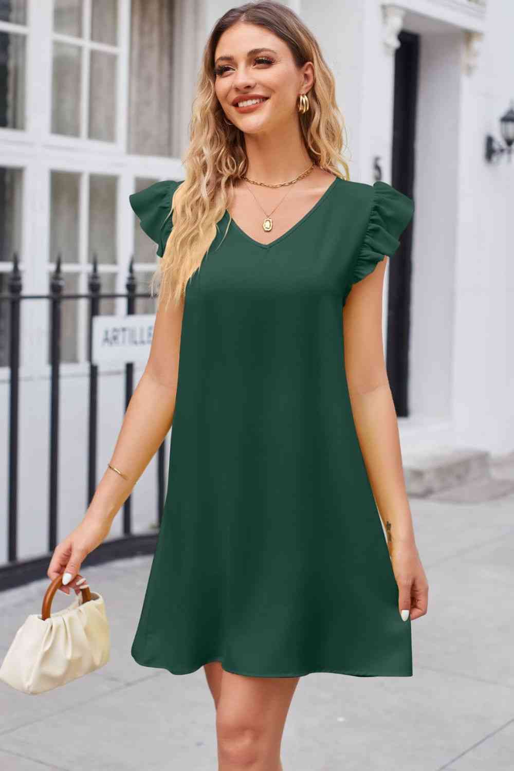 Ruffled V-Neck Flutter Sleeve Dress - TRENDMELO